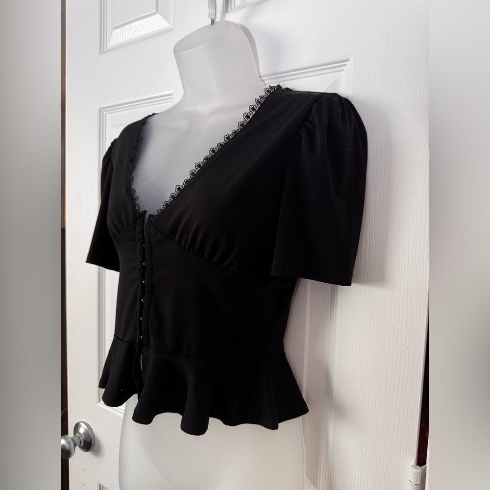 Elegant Black Lace Trimmed Juniors Top 0018 - Picture 3 of 5